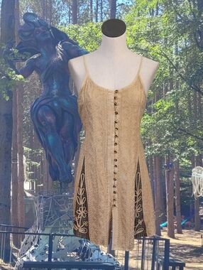 Beige Embroidered Button-Front Slip Dress